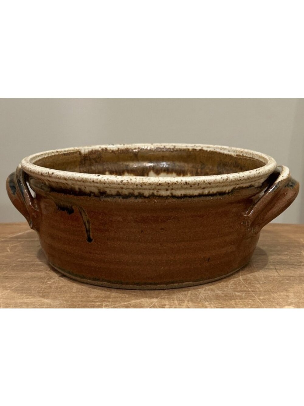 Hand Thrown Studio Pottery Baker w Handles 7.5” Brown Beige Drip Glaze E McAdams